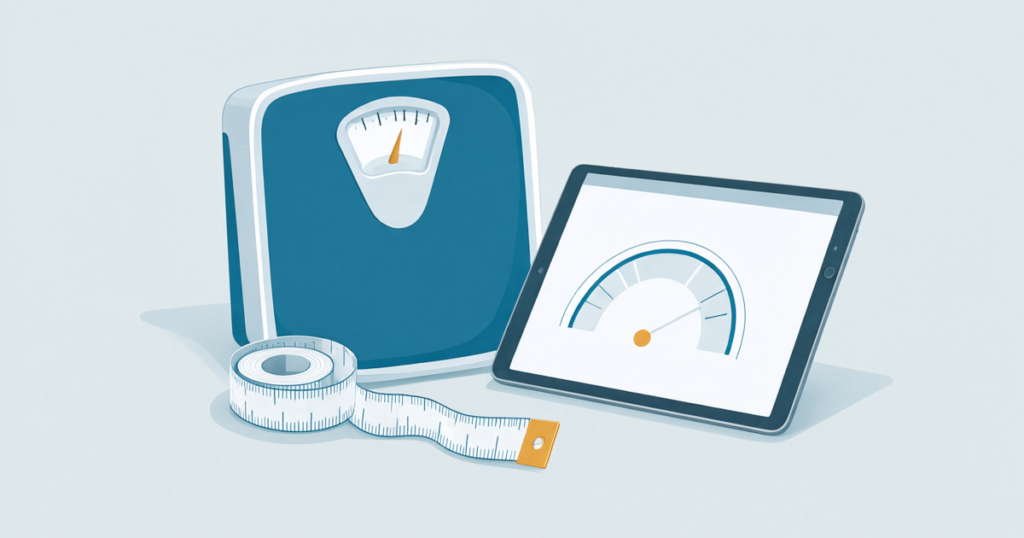 BMI calculator tools: digital scale, measuring tape and an on-screen body mass index gauge