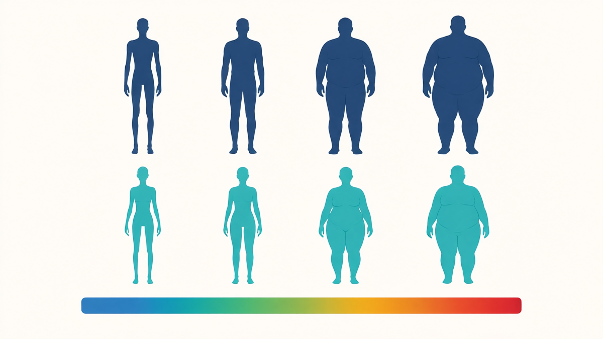 Body fat percentage chart for men and women shown as silhouettes along a lean to high gradient