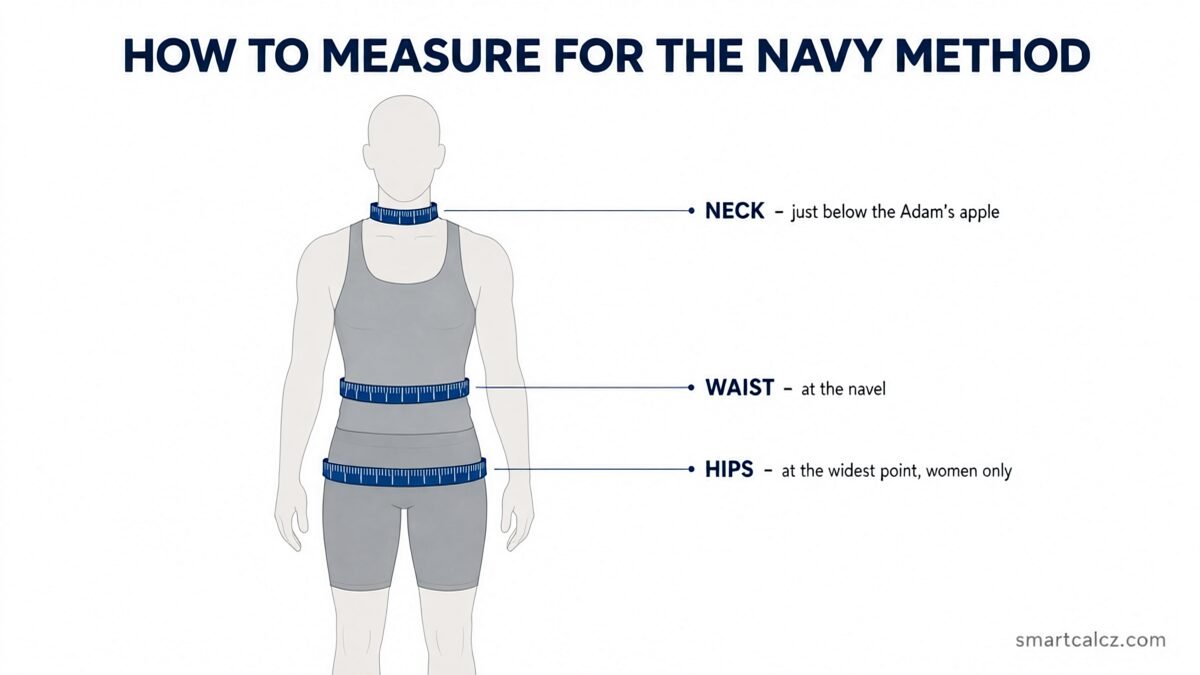 Infographic showing the three Navy body fat measurement points: neck below the Adam's apple, waist at the navel, and hips at the widest point for women