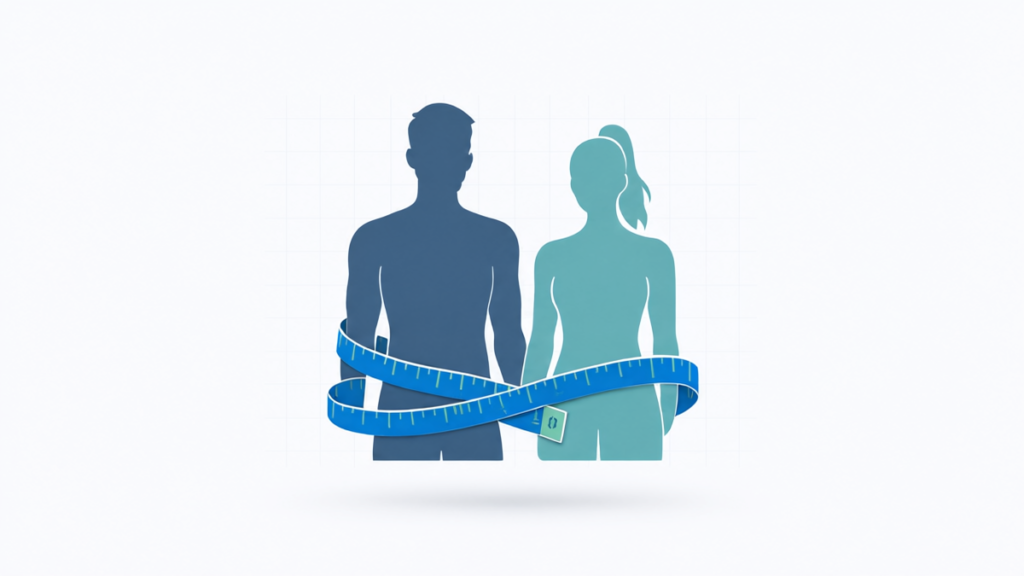 Navy body fat calculator illustration with tape measure around male and female torso silhouettes