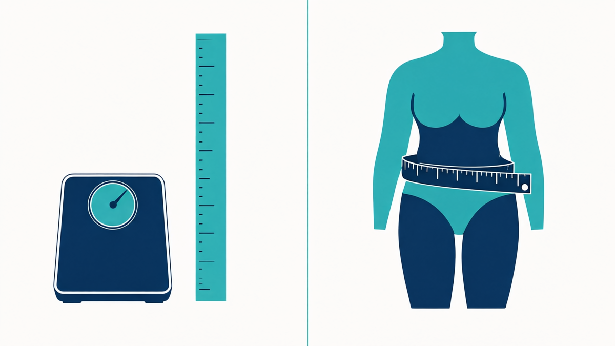Navy body fat calculator versus BMI comparison with a weighing scale beside a tape measure