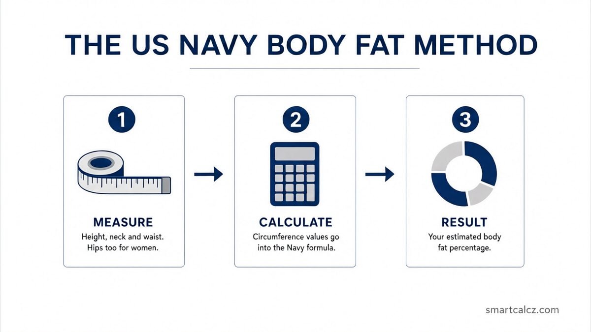 Infographic of the US Navy body fat method in three steps: measure height neck and waist, apply the Navy circumference formula, get your estimated body fat percentage